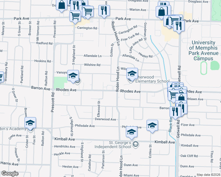 map of restaurants, bars, coffee shops, grocery stores, and more near 1154 Elkwood Cove in Memphis