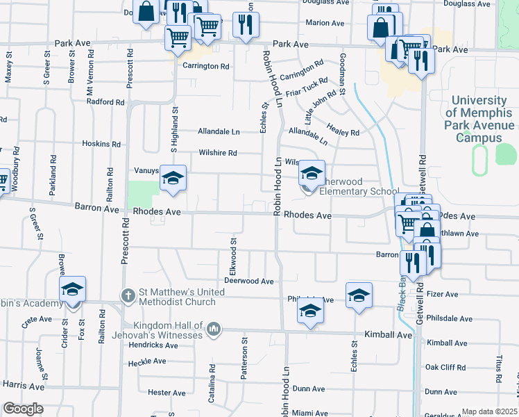 map of restaurants, bars, coffee shops, grocery stores, and more near 1154 Elkwood Cove in Memphis