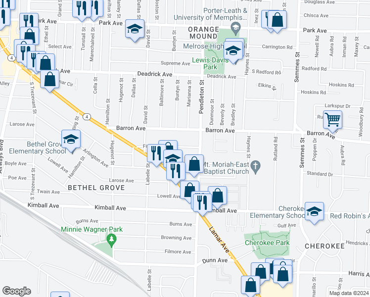 map of restaurants, bars, coffee shops, grocery stores, and more near 2734 Fizer Road in Memphis