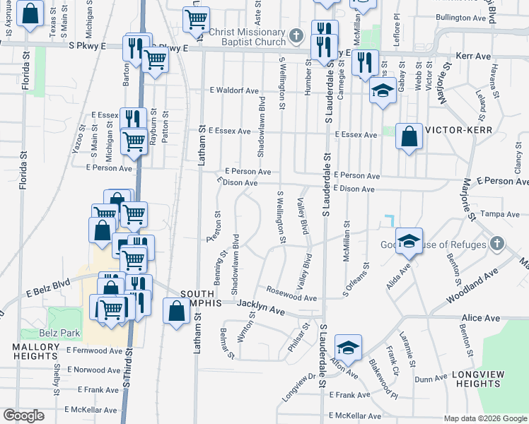 map of restaurants, bars, coffee shops, grocery stores, and more near 1730 Benning Street in Memphis