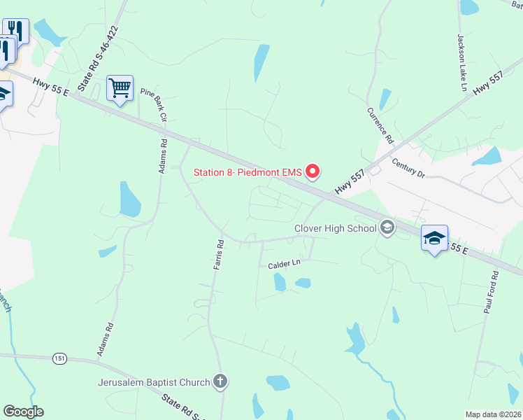 map of restaurants, bars, coffee shops, grocery stores, and more near 1351 State Highway 55 East in Clover