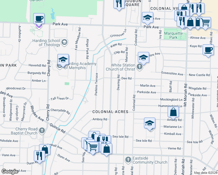 map of restaurants, bars, coffee shops, grocery stores, and more near 1161 South Perkins Road in Memphis