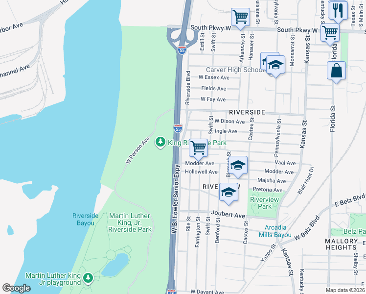 map of restaurants, bars, coffee shops, grocery stores, and more near 1744 Rile Street in Memphis
