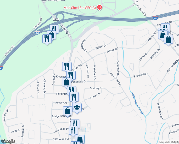 map of restaurants, bars, coffee shops, grocery stores, and more near 631 Bedford Road in Fayetteville