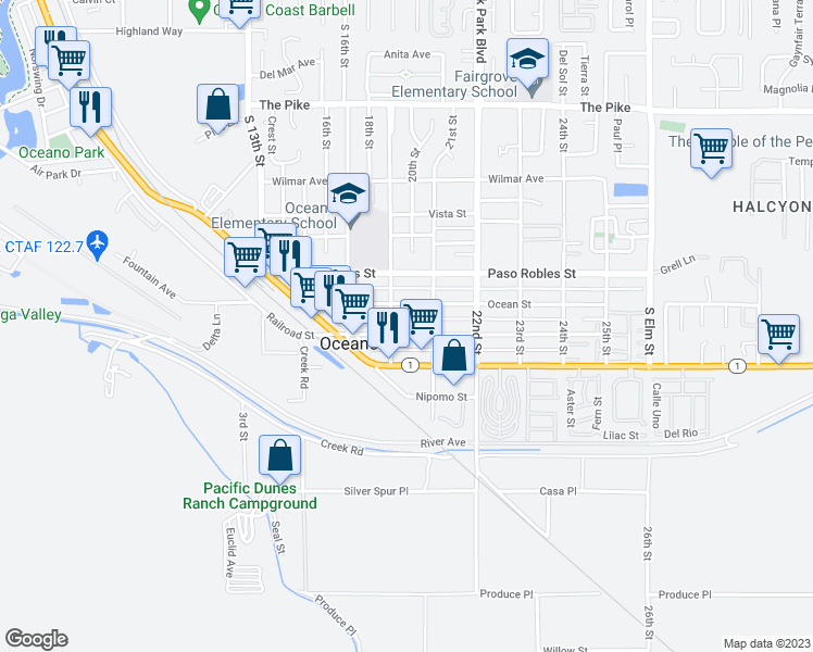 map of restaurants, bars, coffee shops, grocery stores, and more near 1951 Beach Street in Oceano