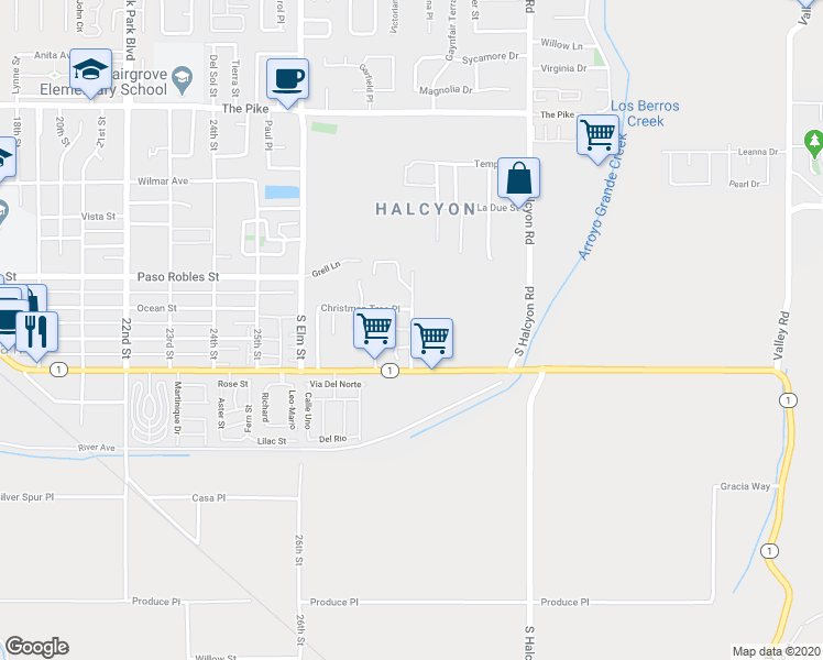 map of restaurants, bars, coffee shops, grocery stores, and more near Tierra Nueva Ln & Via Arturo St in Oceano