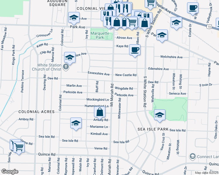 map of restaurants, bars, coffee shops, grocery stores, and more near 4965 Dee Road in Memphis