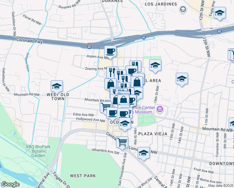 map of restaurants, bars, coffee shops, grocery stores, and more near 618 Rio Grande Boulevard Northwest in Albuquerque