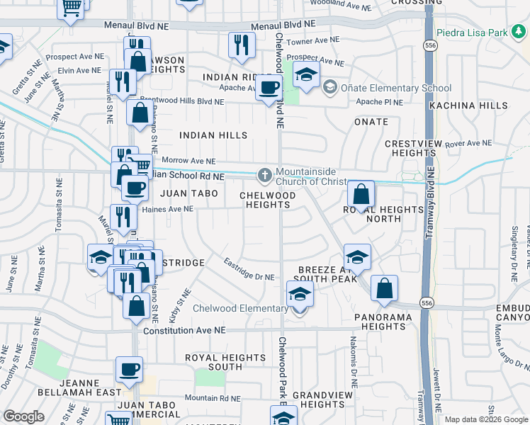 map of restaurants, bars, coffee shops, grocery stores, and more near 12335 Haines Avenue Northeast in Albuquerque