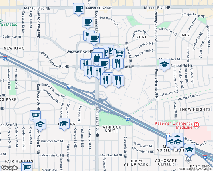 map of restaurants, bars, coffee shops, grocery stores, and more near 2110 Louisiana Boulevard Northeast in Albuquerque