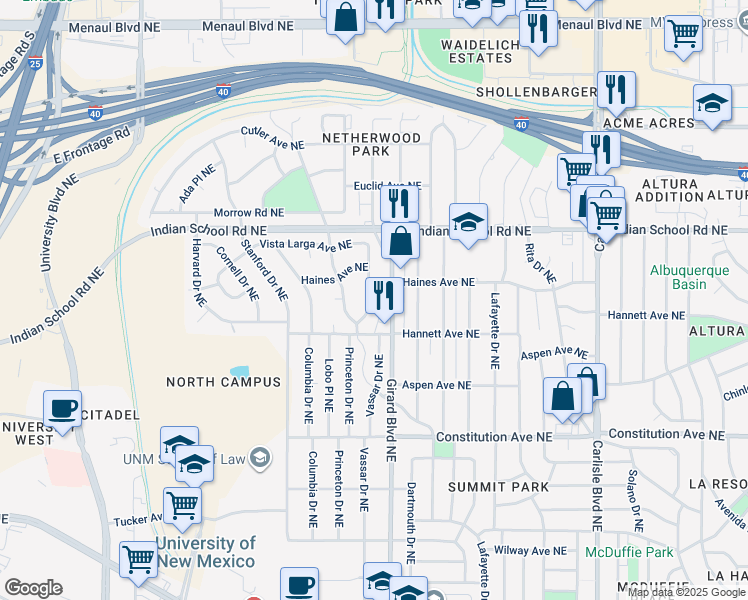 map of restaurants, bars, coffee shops, grocery stores, and more near 1440 Vassar Drive Northeast in Albuquerque