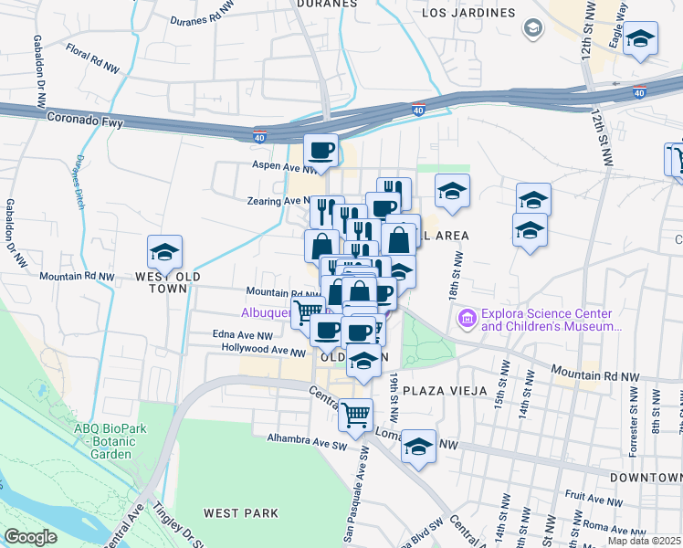 map of restaurants, bars, coffee shops, grocery stores, and more near 800 Rio Grande Boulevard Northwest in Albuquerque