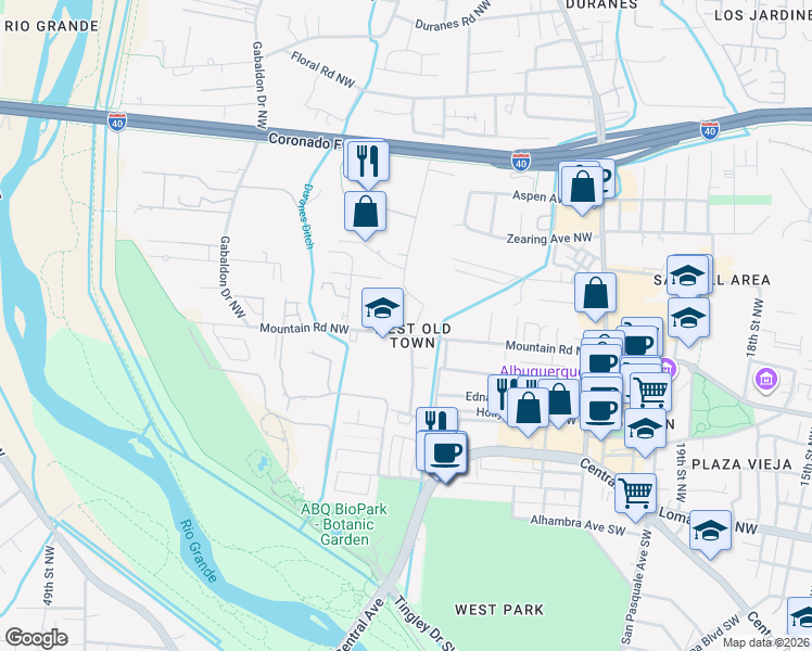 map of restaurants, bars, coffee shops, grocery stores, and more near 619 Montoya Street Northwest in Albuquerque