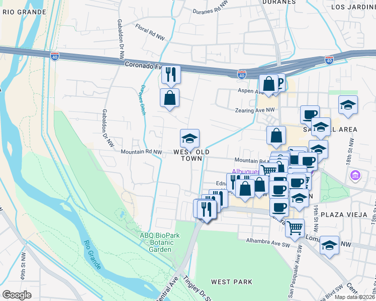map of restaurants, bars, coffee shops, grocery stores, and more near 619 Montoya Street Northwest in Albuquerque