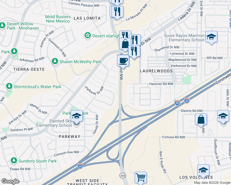 map of restaurants, bars, coffee shops, grocery stores, and more near 1408 Somerset Drive Northwest in Albuquerque