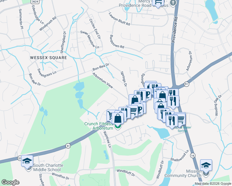 map of restaurants, bars, coffee shops, grocery stores, and more near 3317 Arboretum View in Charlotte