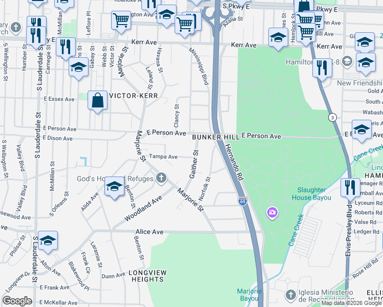 map of restaurants, bars, coffee shops, grocery stores, and more near 1711 Gaither Street in Memphis