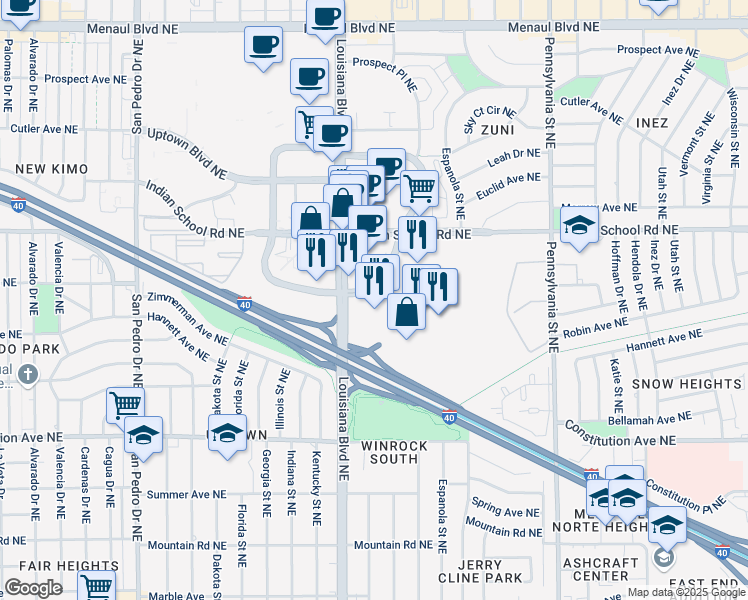 map of restaurants, bars, coffee shops, grocery stores, and more near 2100 Louisiana Boulevard Northeast in Albuquerque