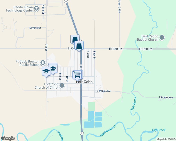 map of restaurants, bars, coffee shops, grocery stores, and more near 1st Street in Fort Cobb