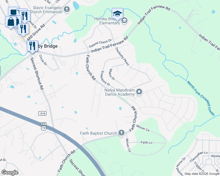 map of restaurants, bars, coffee shops, grocery stores, and more near 1043 Enderbury Drive in Indian Trail