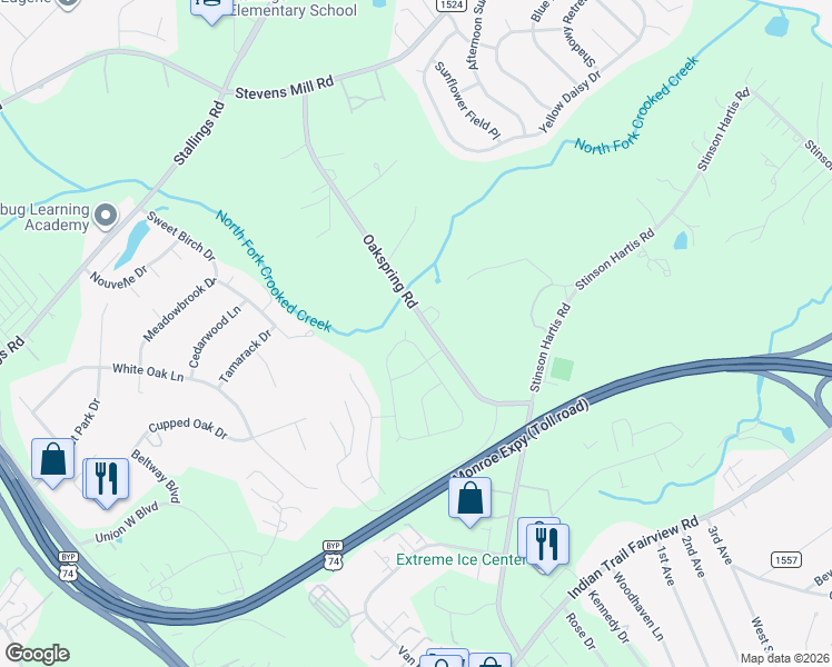 map of restaurants, bars, coffee shops, grocery stores, and more near 7216 Oakspring Road in Indian Trail