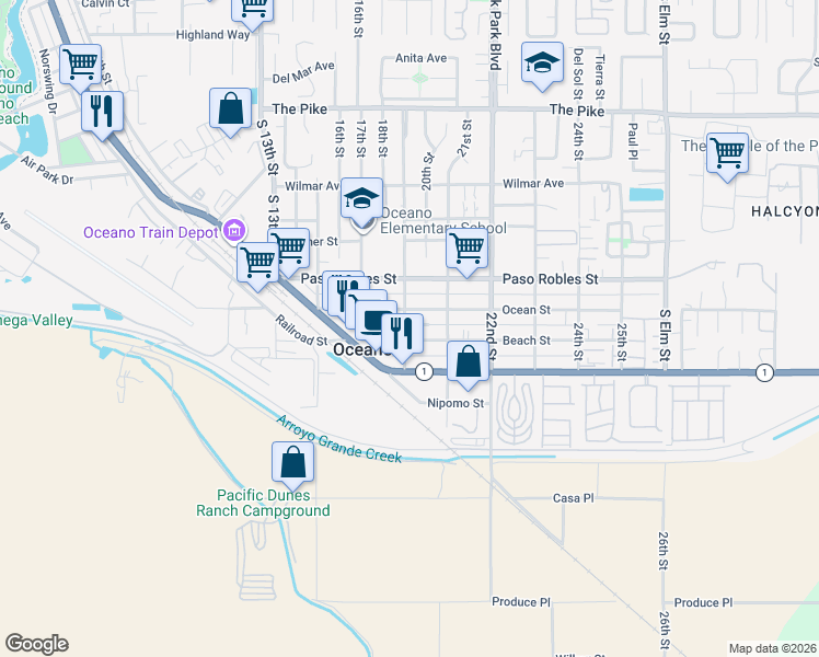 map of restaurants, bars, coffee shops, grocery stores, and more near 1873 19th Street in Oceano