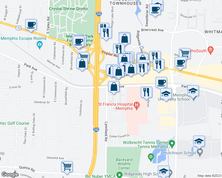 map of restaurants, bars, coffee shops, grocery stores, and more near 5847 Park Avenue in Memphis