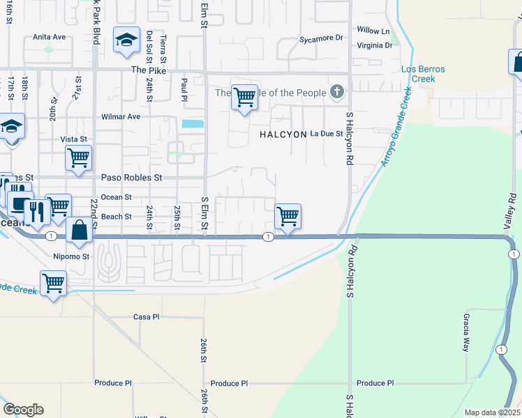 map of restaurants, bars, coffee shops, grocery stores, and more near 1832 Via Arturo Street in Oceano