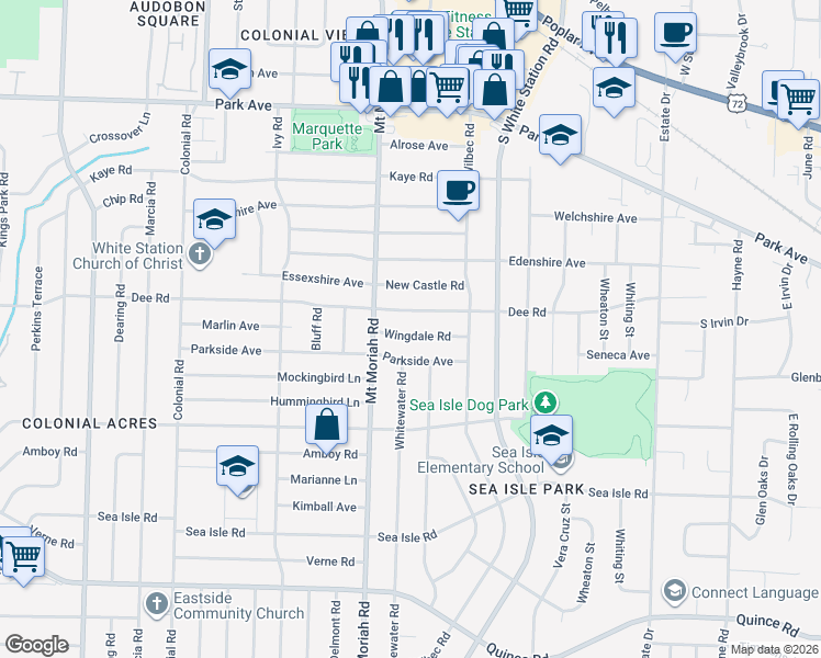 map of restaurants, bars, coffee shops, grocery stores, and more near 5051 Dee Road in Memphis