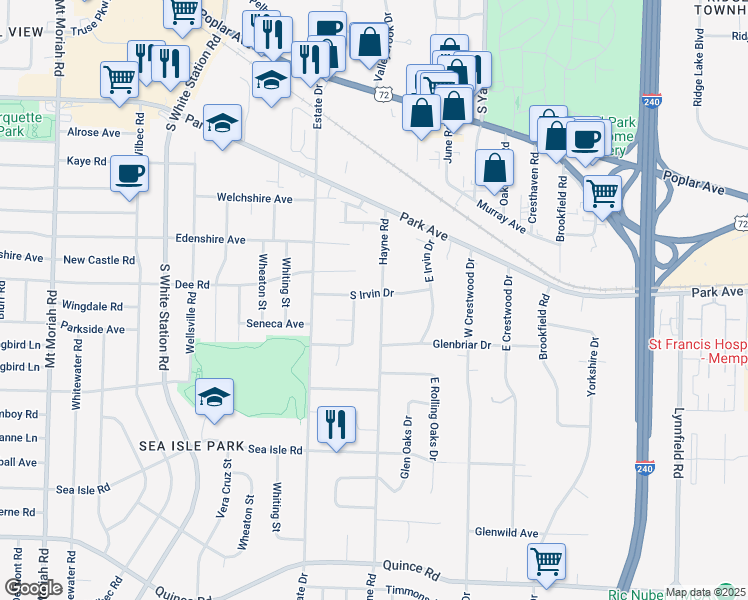 map of restaurants, bars, coffee shops, grocery stores, and more near 1153 Hayne Road in Memphis