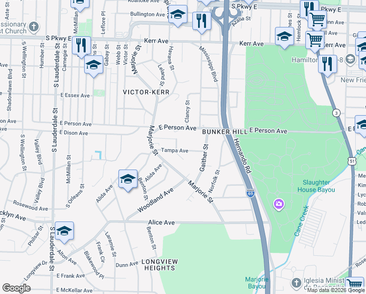 map of restaurants, bars, coffee shops, grocery stores, and more near 900 Tampa Avenue in Memphis