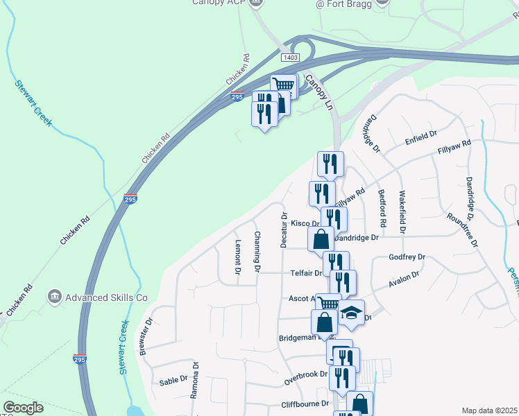 map of restaurants, bars, coffee shops, grocery stores, and more near 7534 Decatur Drive in Fayetteville