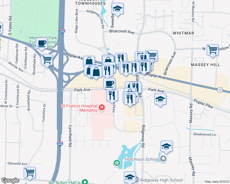 map of restaurants, bars, coffee shops, grocery stores, and more near in Memphis