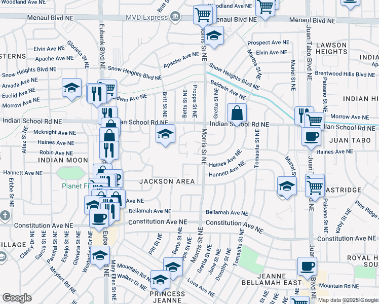 map of restaurants, bars, coffee shops, grocery stores, and more near 39 Westlake Drive Northeast in Albuquerque