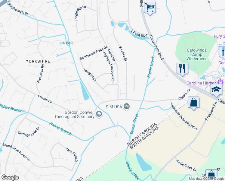 map of restaurants, bars, coffee shops, grocery stores, and more near 14744 Madison Hill Court in Charlotte