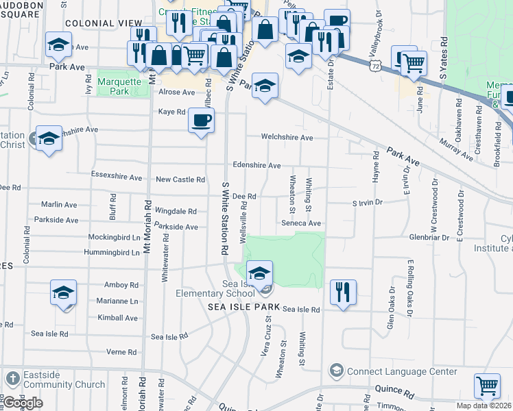 map of restaurants, bars, coffee shops, grocery stores, and more near 5183 Dee Road in Memphis