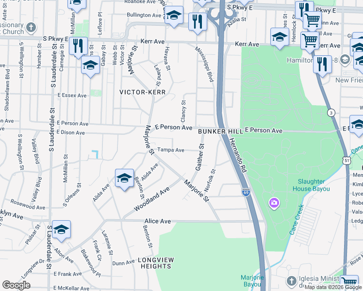 map of restaurants, bars, coffee shops, grocery stores, and more near 900 Tampa Avenue in Memphis