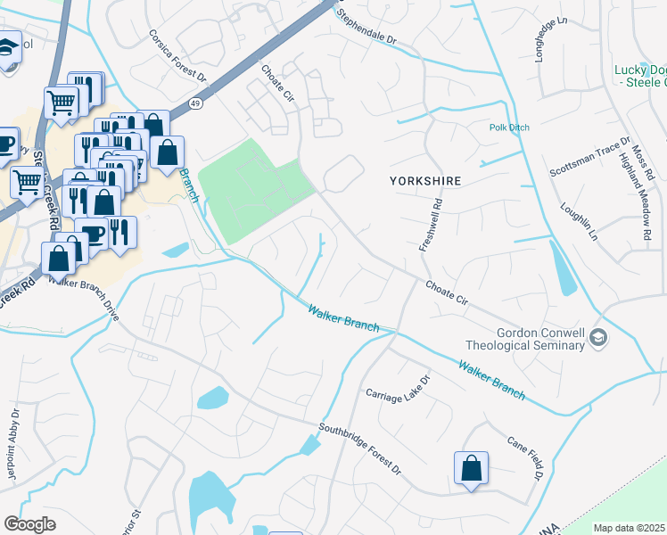 map of restaurants, bars, coffee shops, grocery stores, and more near 13803 Walkers Creek Drive in Charlotte