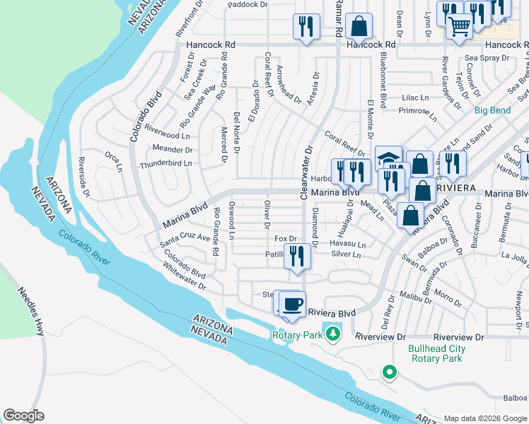 map of restaurants, bars, coffee shops, grocery stores, and more near 425 Emery Drive in Bullhead City