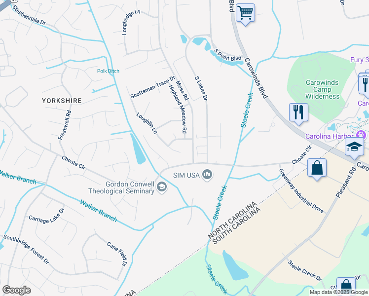 map of restaurants, bars, coffee shops, grocery stores, and more near 14744 Madison Hill Court in Charlotte
