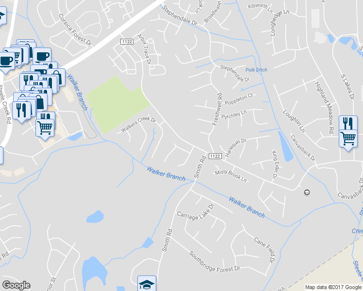 map of restaurants, bars, coffee shops, grocery stores, and more near 13912 Wild Heather Court in Charlotte