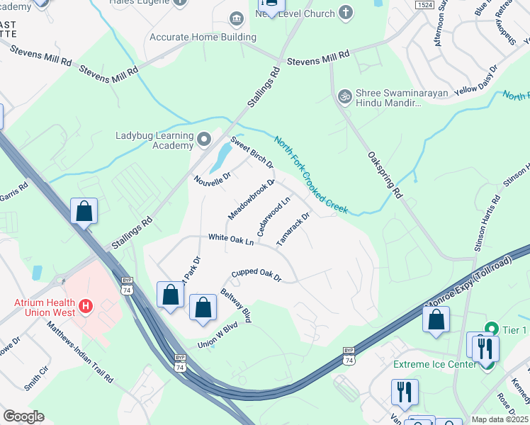 map of restaurants, bars, coffee shops, grocery stores, and more near 309 Cedarwood Lane in Matthews