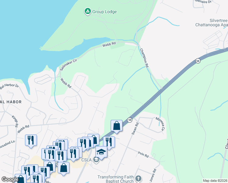 map of restaurants, bars, coffee shops, grocery stores, and more near 4560 Webb Road in Chattanooga