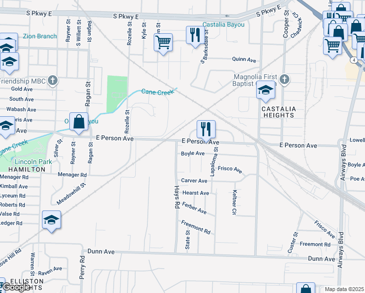 map of restaurants, bars, coffee shops, grocery stores, and more near 1670 Hays Street in Memphis