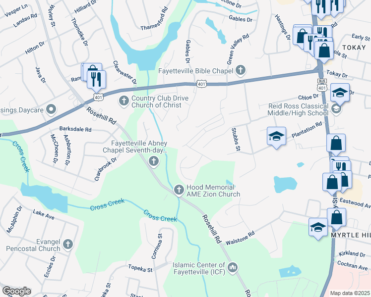 map of restaurants, bars, coffee shops, grocery stores, and more near 3110 Green Valley Road in Fayetteville