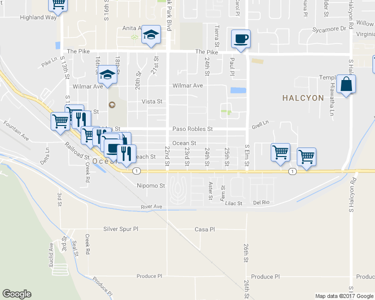map of restaurants, bars, coffee shops, grocery stores, and more near 2281 Beach Street in Oceano