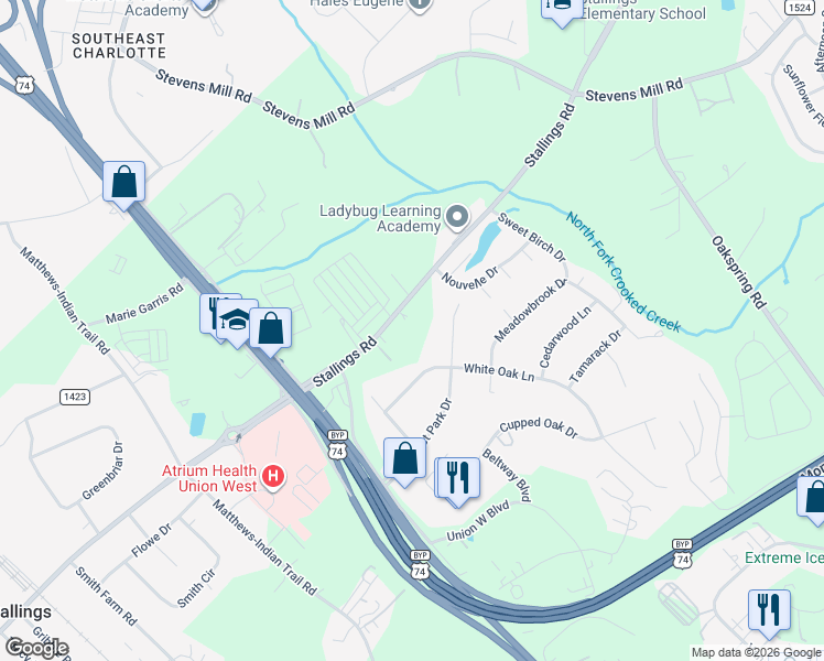 map of restaurants, bars, coffee shops, grocery stores, and more near 2025 Stallings Road in Stallings