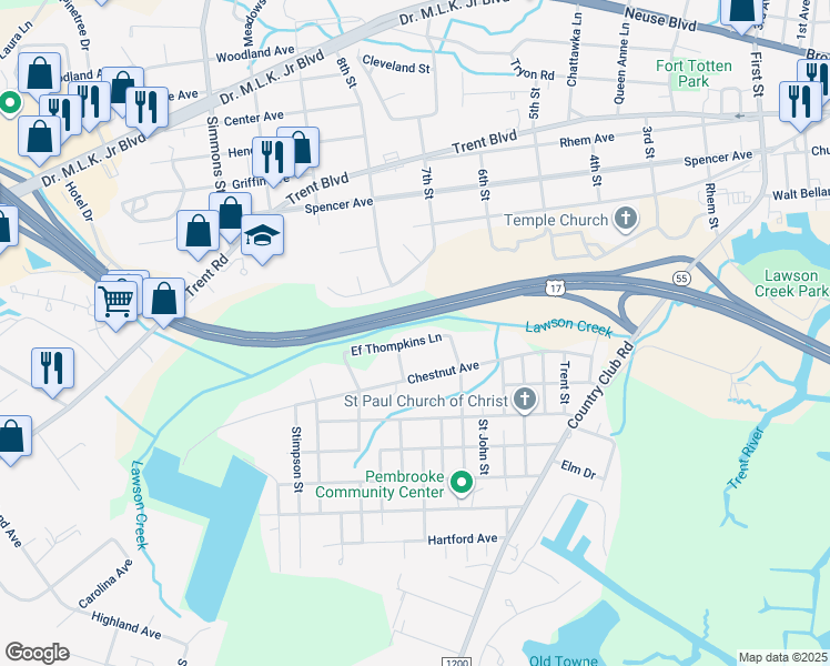 map of restaurants, bars, coffee shops, grocery stores, and more near 1908 Ef Thompkins Lane in New Bern