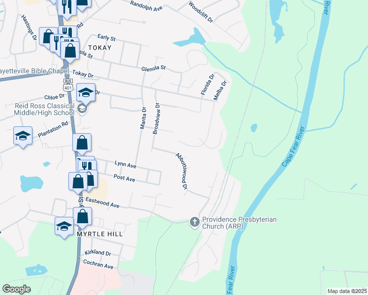 map of restaurants, bars, coffee shops, grocery stores, and more near 3214 Melba Drive in Fayetteville