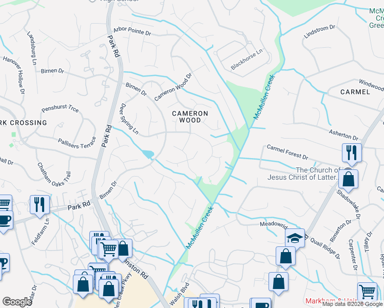 map of restaurants, bars, coffee shops, grocery stores, and more near 3210 Silver Pond Court in Charlotte